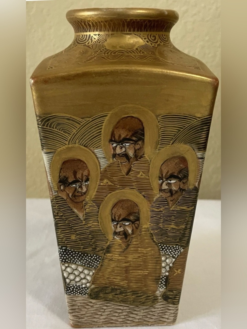 Satsuma Japan Painted, Enamelled & Gilt  "Thousand Faces"  Square Body Vase